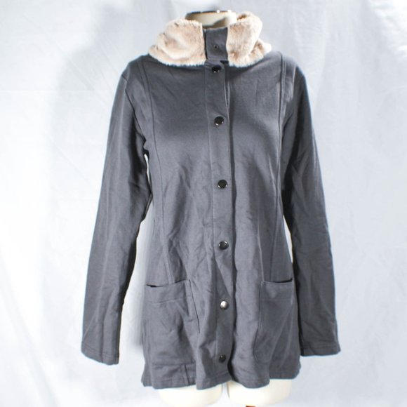 Merona Ash Gray Lightweight Jacket with Cream Tan Faux Fur Collar – Size Large - Picture 5 of 7